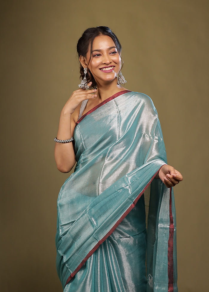 Blue Tissue Silk Saree With Blouse Piece
