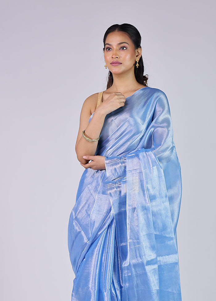Blue Tissue Silk Saree With Blouse Piece