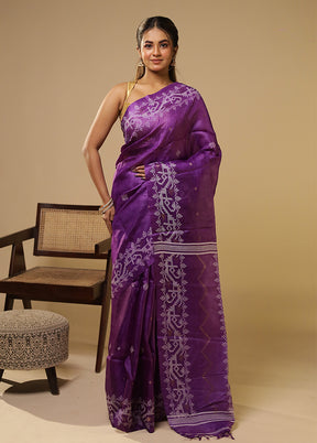 Purple Handloom Tussar Pure Silk Saree With Blouse Piece