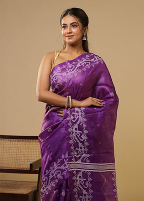 Purple Handloom Tussar Pure Silk Saree With Blouse Piece