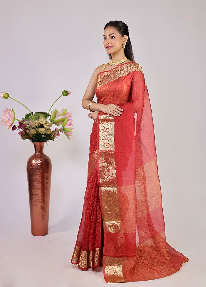 Red Tissue Silk Saree With Blouse Piece