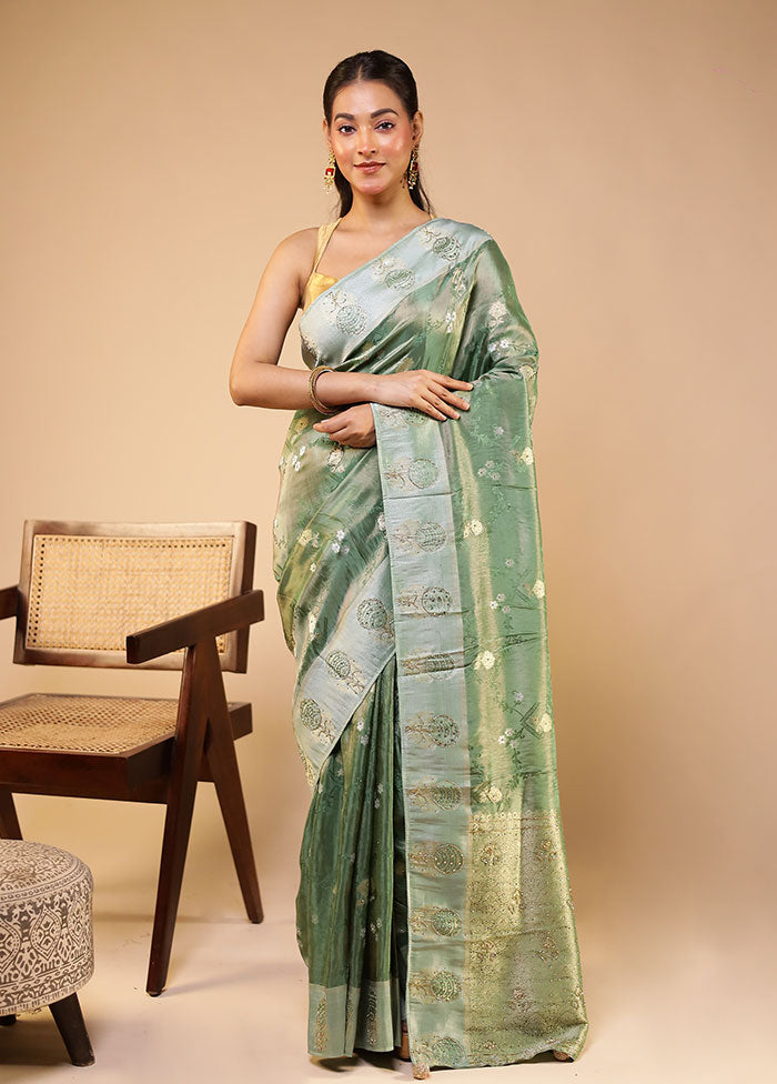 Green Handloom Pure Georgette Saree With Blouse Piece
