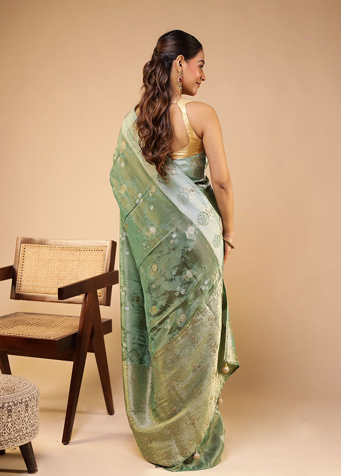 Green Handloom Pure Georgette Saree With Blouse Piece