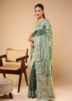 Green Handloom Pure Georgette Saree With Blouse Piece