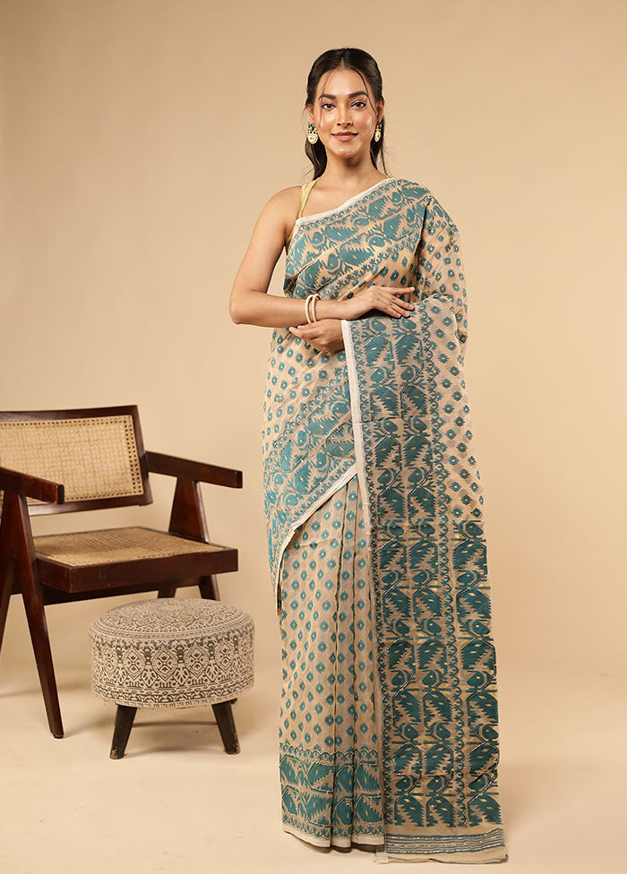 Cream Khadi Cotton Saree Without Blouse Piece