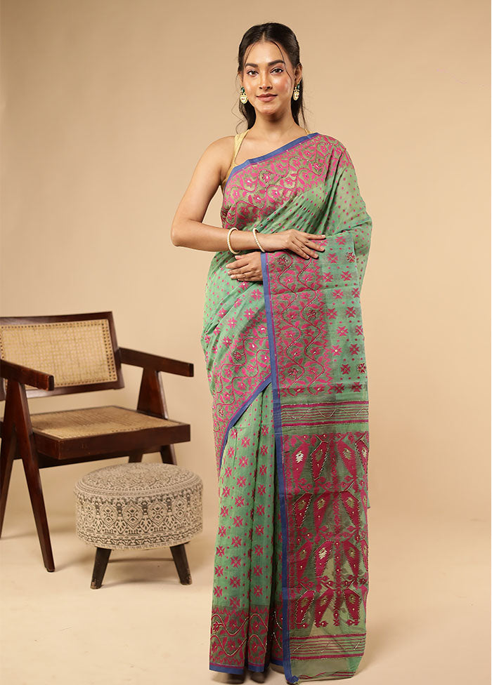Green Khadi Cotton Saree Without Blouse Piece