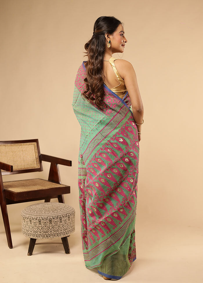 Green Khadi Cotton Saree Without Blouse Piece