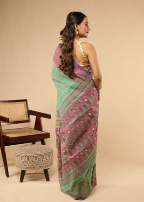 Green Khadi Cotton Saree Without Blouse Piece