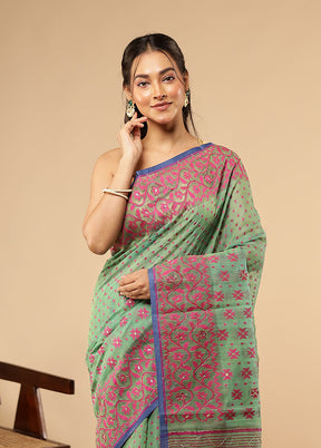 Green Khadi Cotton Saree Without Blouse Piece