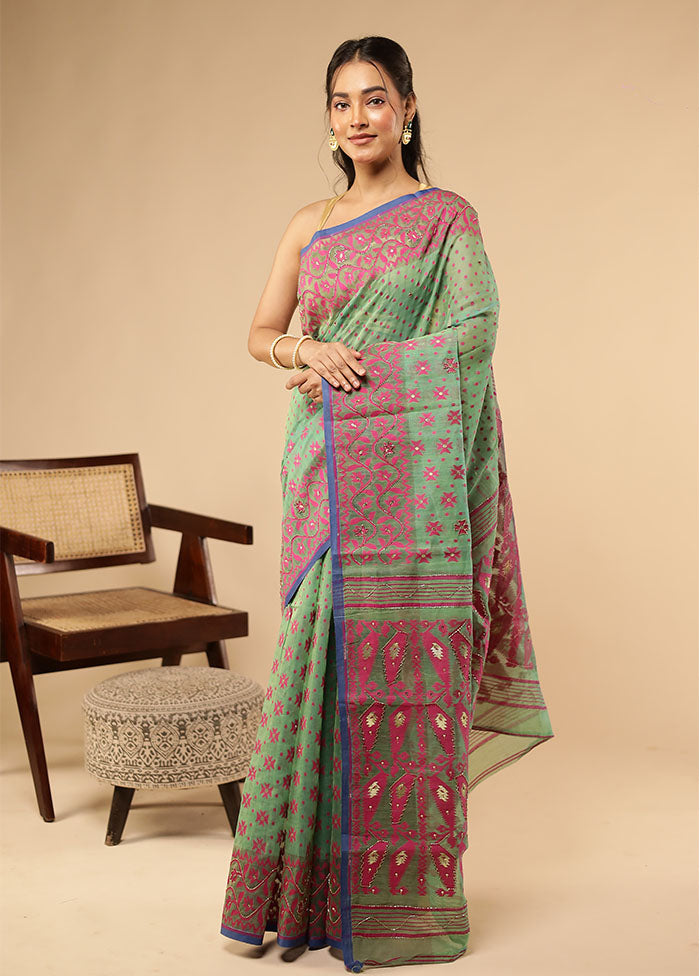 Green Khadi Cotton Saree Without Blouse Piece