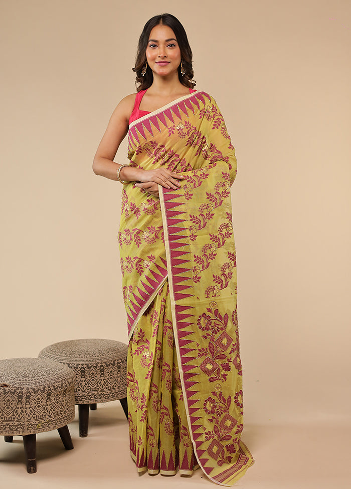 Green Khadi Cotton Saree With Blouse Piece