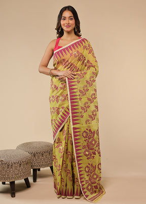 Green Khadi Cotton Saree With Blouse Piece