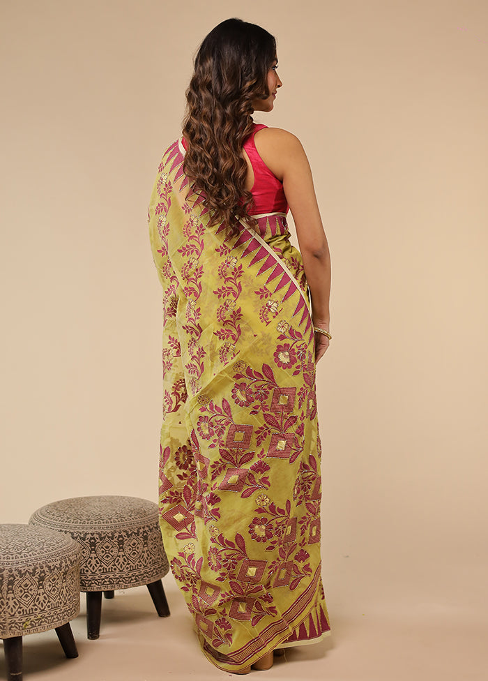 Green Khadi Cotton Saree With Blouse Piece