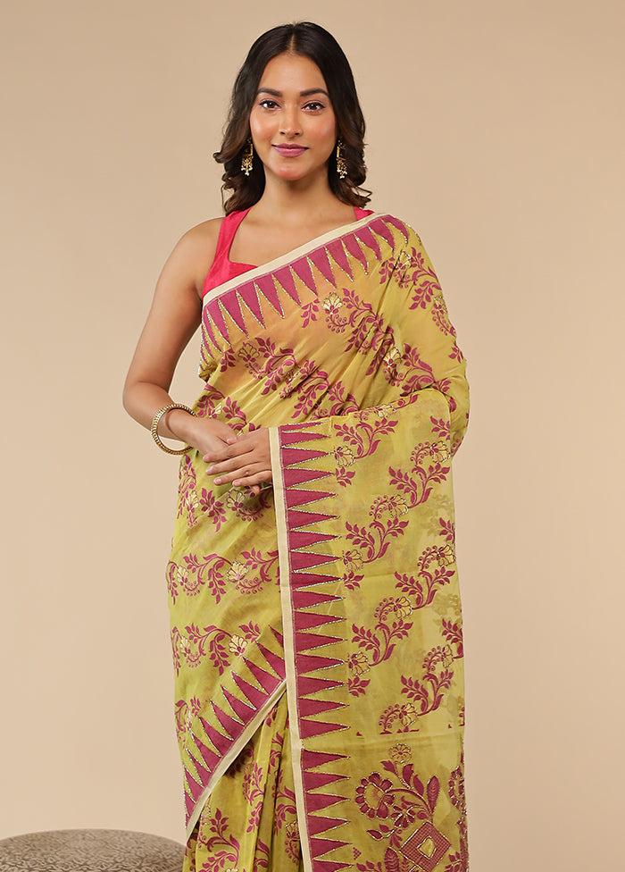 Green Khadi Cotton Saree With Blouse Piece