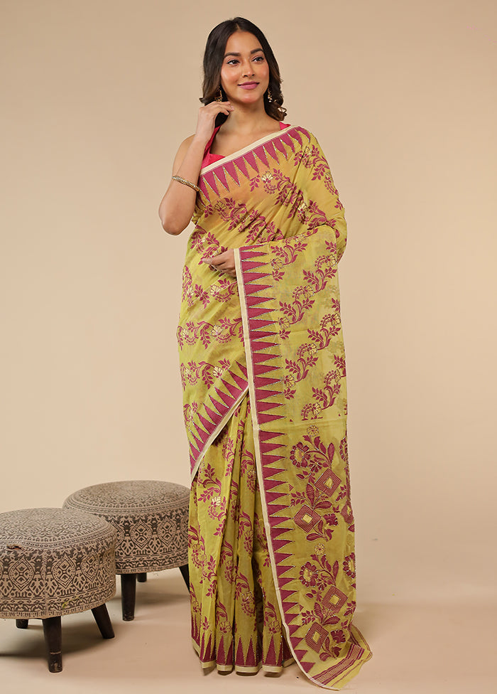 Green Khadi Cotton Saree With Blouse Piece