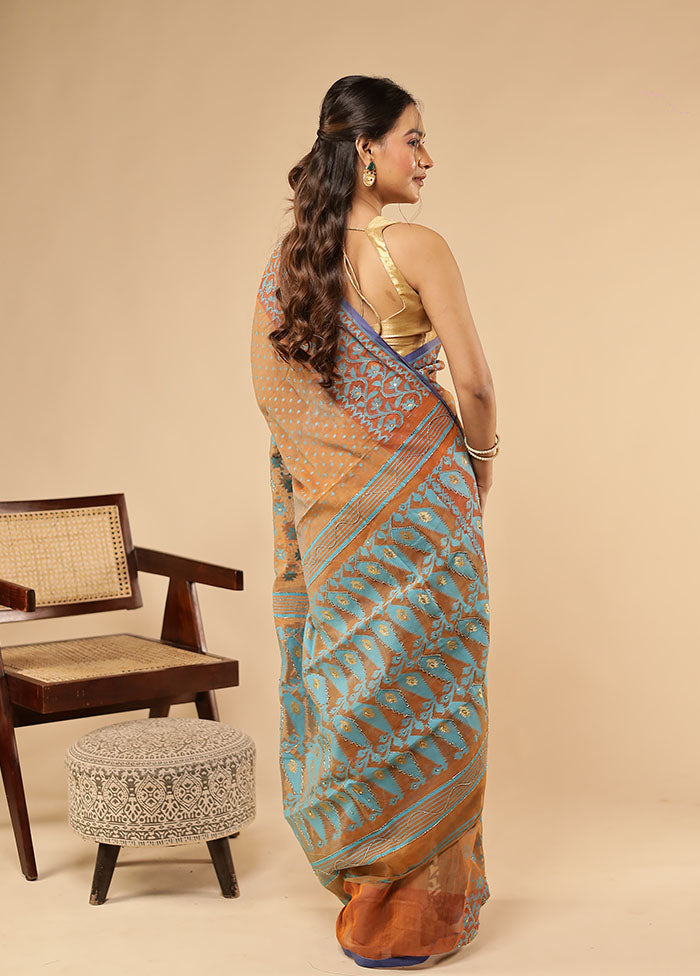 Blue Khadi Cotton Saree Without Blouse Piece