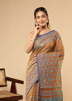 Blue Khadi Cotton Saree Without Blouse Piece