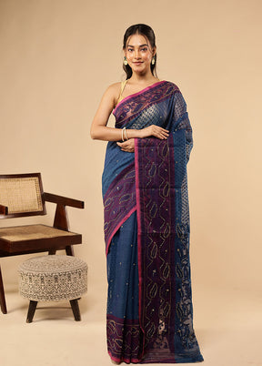 Blue Khadi Cotton Saree Without Blouse Piece