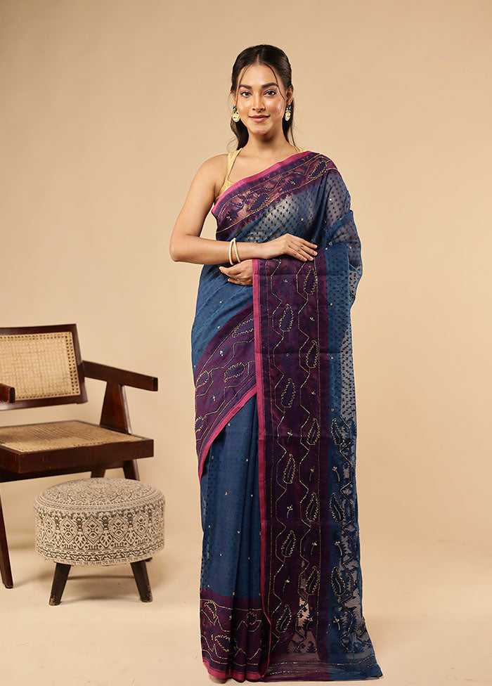 Blue Khadi Cotton Saree Without Blouse Piece