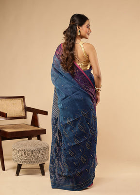 Blue Khadi Cotton Saree Without Blouse Piece