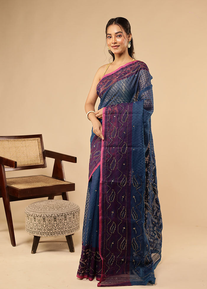 Blue Khadi Cotton Saree Without Blouse Piece