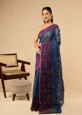 Blue Khadi Cotton Saree Without Blouse Piece