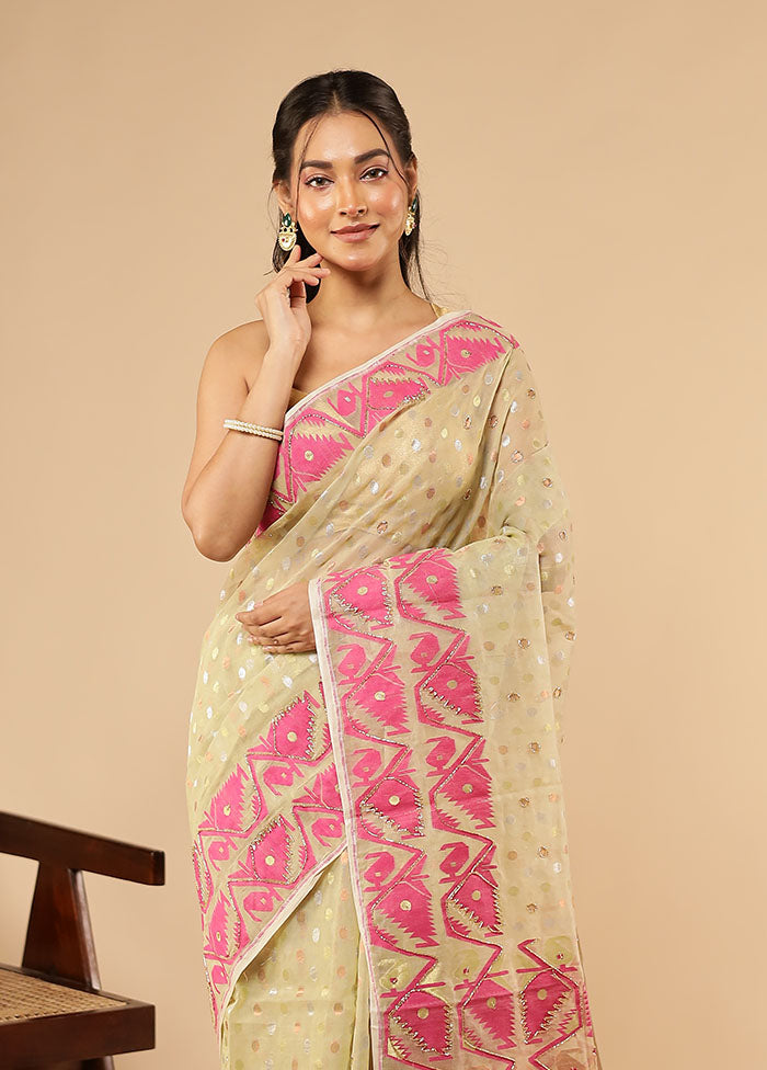 Cream Khadi Cotton Saree Without Blouse Piece