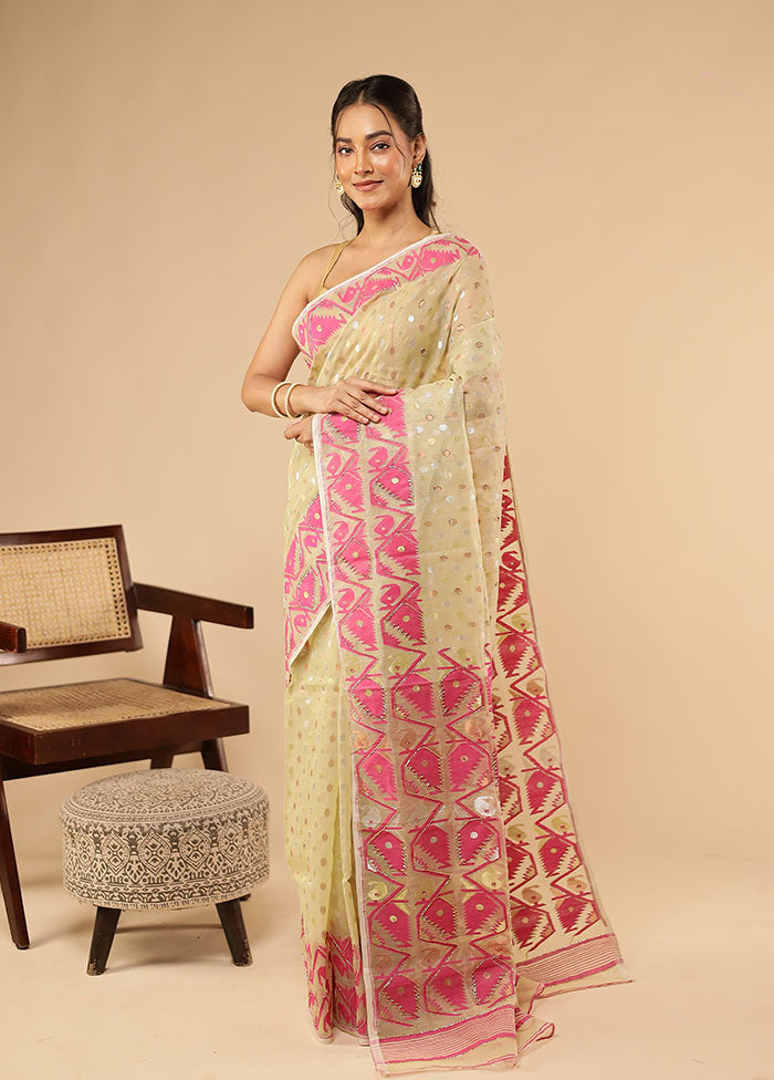 Cream Khadi Cotton Saree Without Blouse Piece