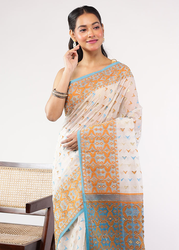 Blue Khadi Cotton Saree With Blouse Piece