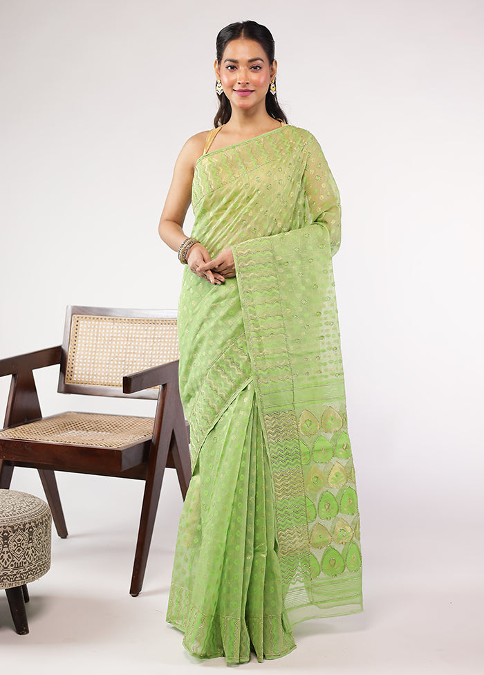 Green Khadi Cotton Saree With Blouse Piece