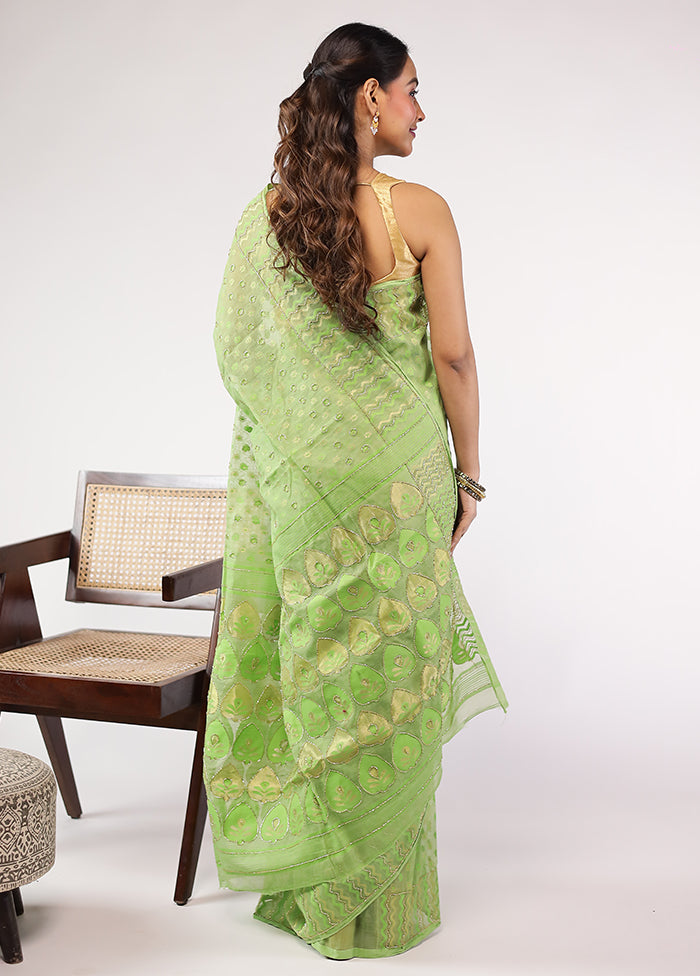 Green Khadi Cotton Saree With Blouse Piece