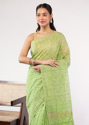 Green Khadi Cotton Saree With Blouse Piece