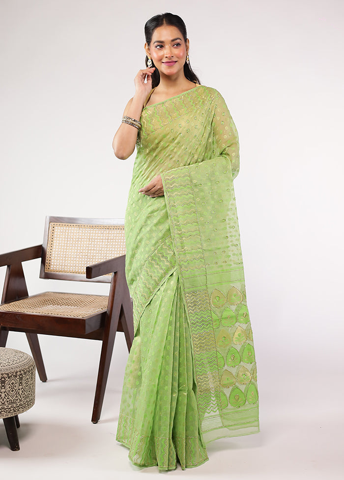 Green Khadi Cotton Saree With Blouse Piece