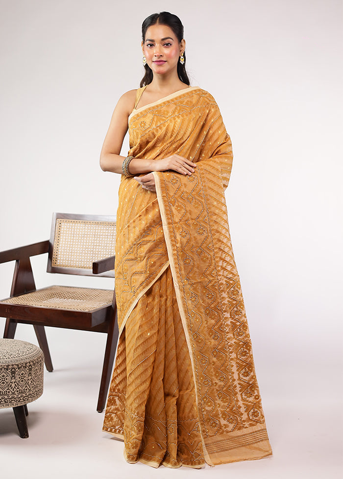 Yellow Khadi Cotton Saree With Blouse Piece