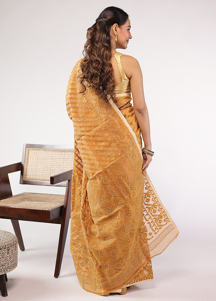 Yellow Khadi Cotton Saree With Blouse Piece