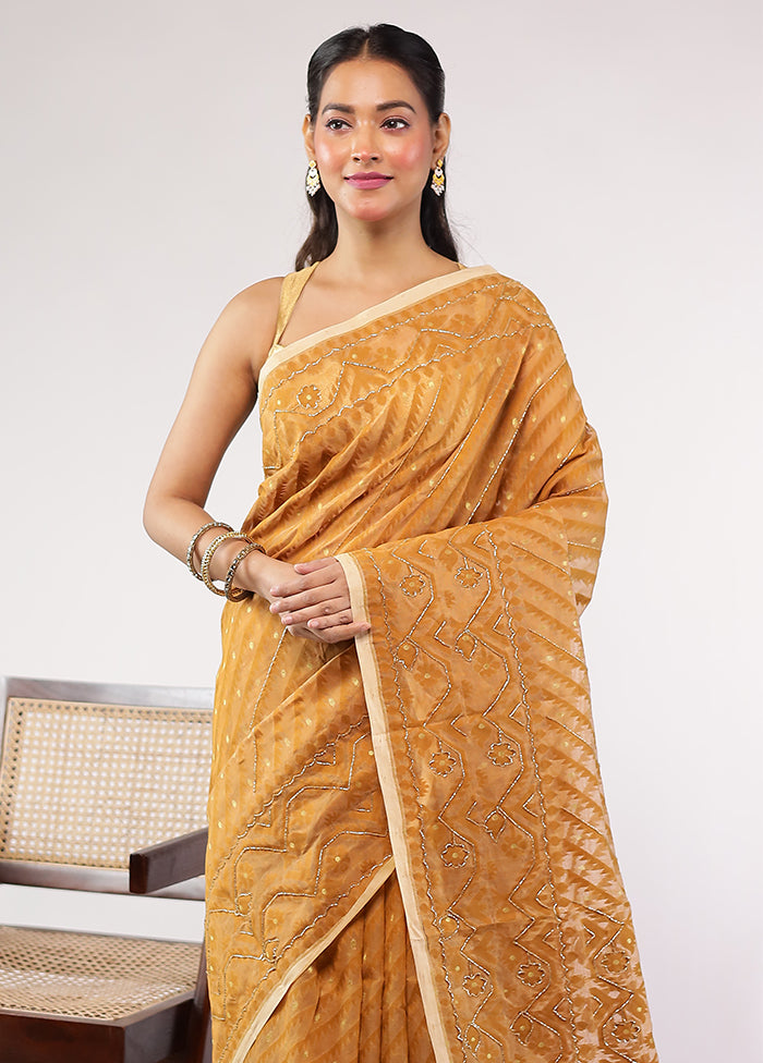 Yellow Khadi Cotton Saree With Blouse Piece