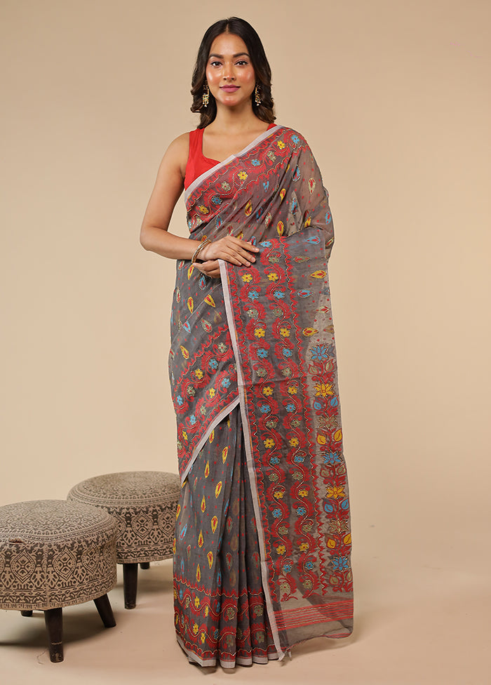 Grey Khadi Cotton Saree With Blouse Piece
