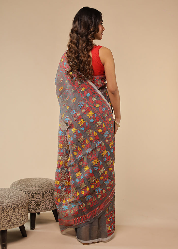 Grey Khadi Cotton Saree With Blouse Piece