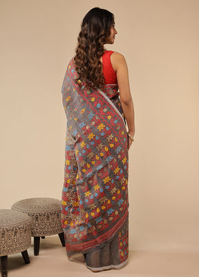 Grey Khadi Cotton Saree With Blouse Piece