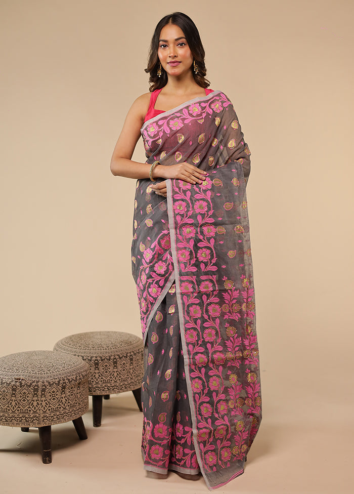 Grey Khadi Cotton Saree With Blouse Piece