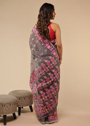 Grey Khadi Cotton Saree With Blouse Piece