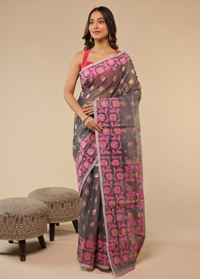 Grey Khadi Cotton Saree With Blouse Piece
