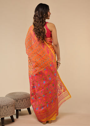 Orange Khadi Cotton Saree With Blouse Piece