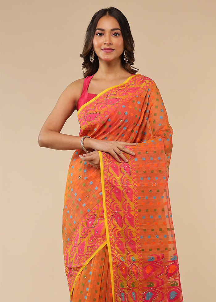 Orange Khadi Cotton Saree With Blouse Piece