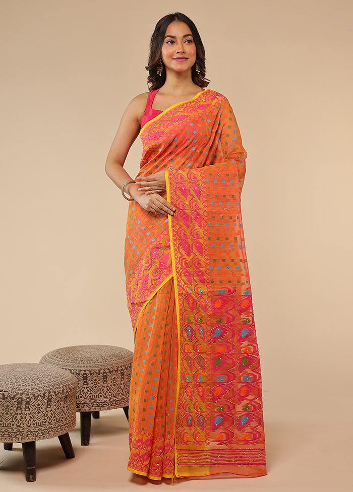 Orange Khadi Cotton Saree With Blouse Piece