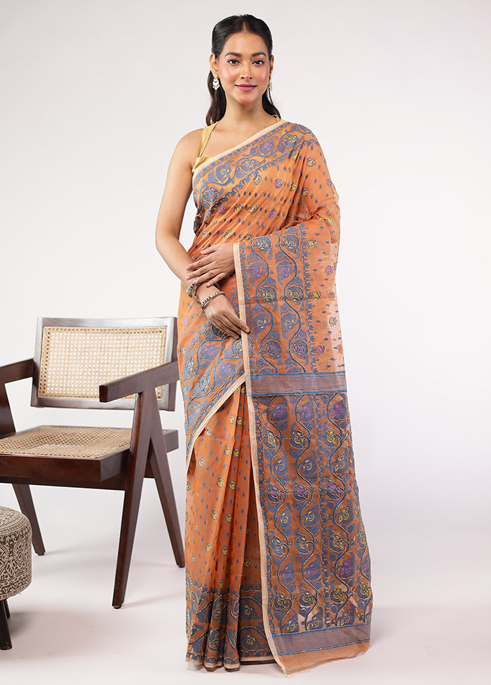 Rust Khadi Cotton Saree With Blouse Piece