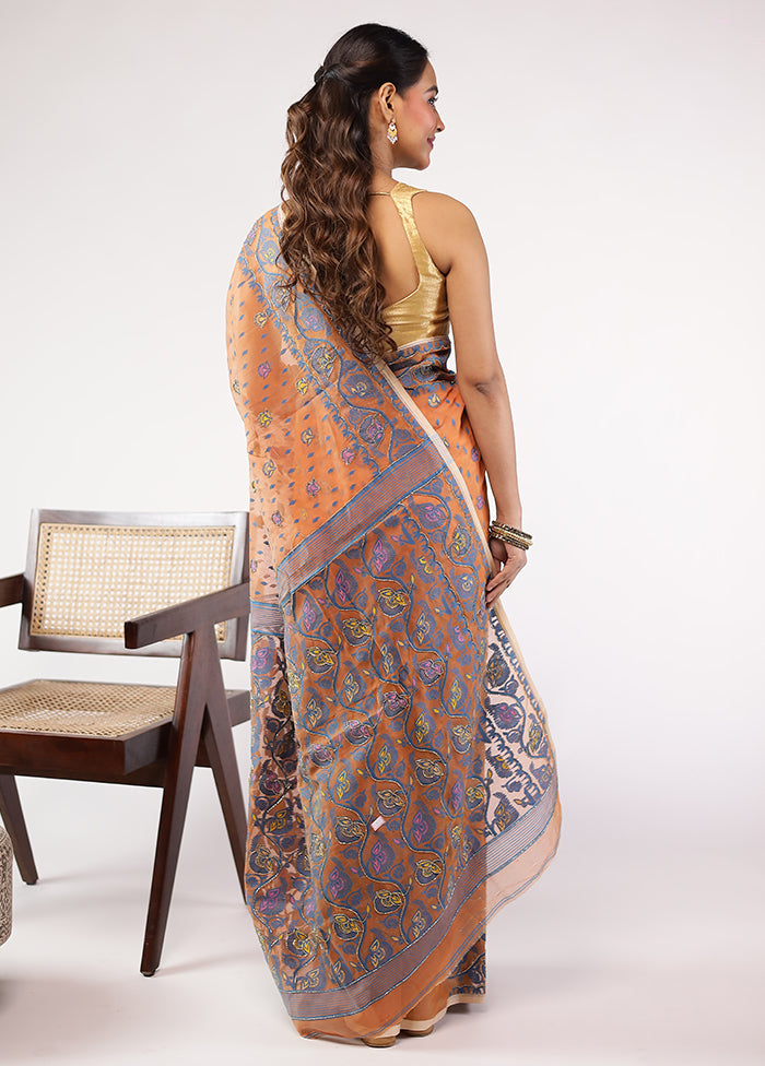 Rust Khadi Cotton Saree With Blouse Piece