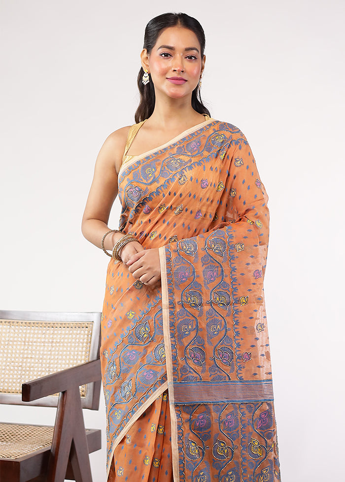 Rust Khadi Cotton Saree With Blouse Piece