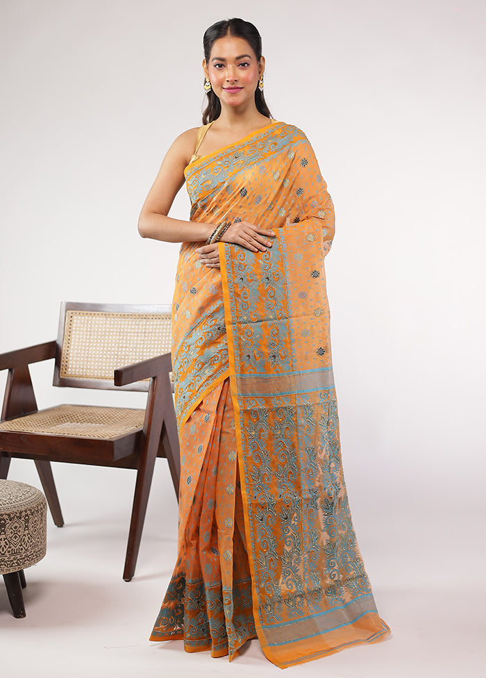 Rust Khadi Cotton Saree With Blouse Piece