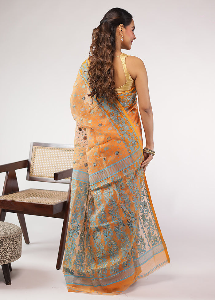 Rust Khadi Cotton Saree With Blouse Piece